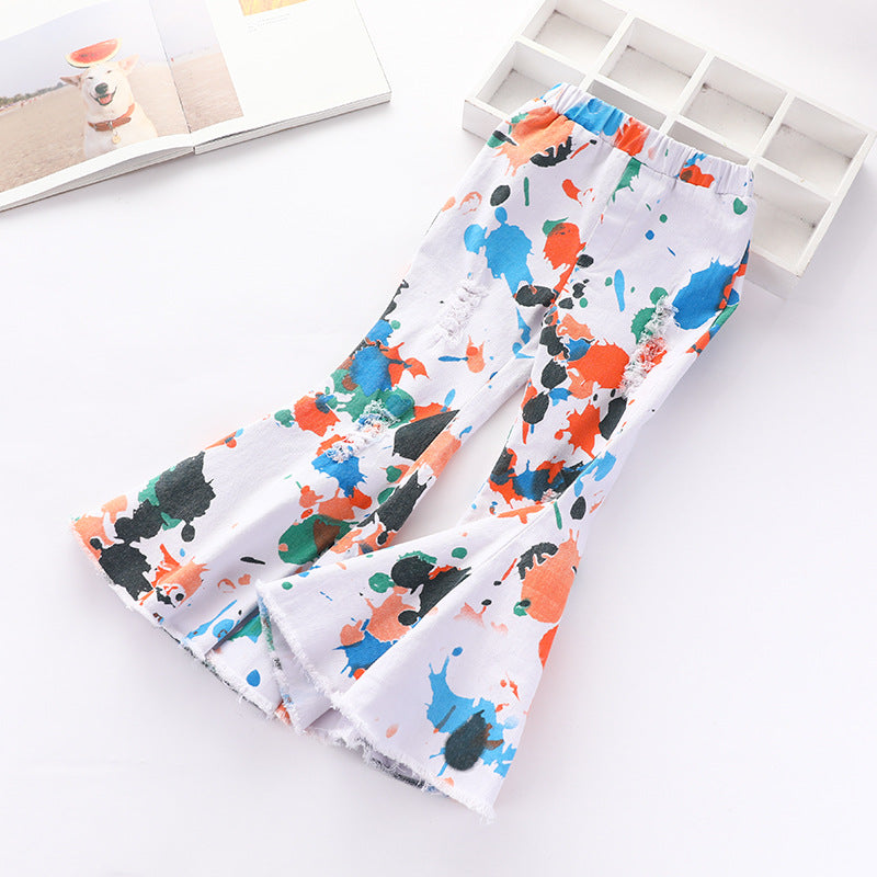 Wholesale Children's Abstract Printed Cotton Denim Flared Pants